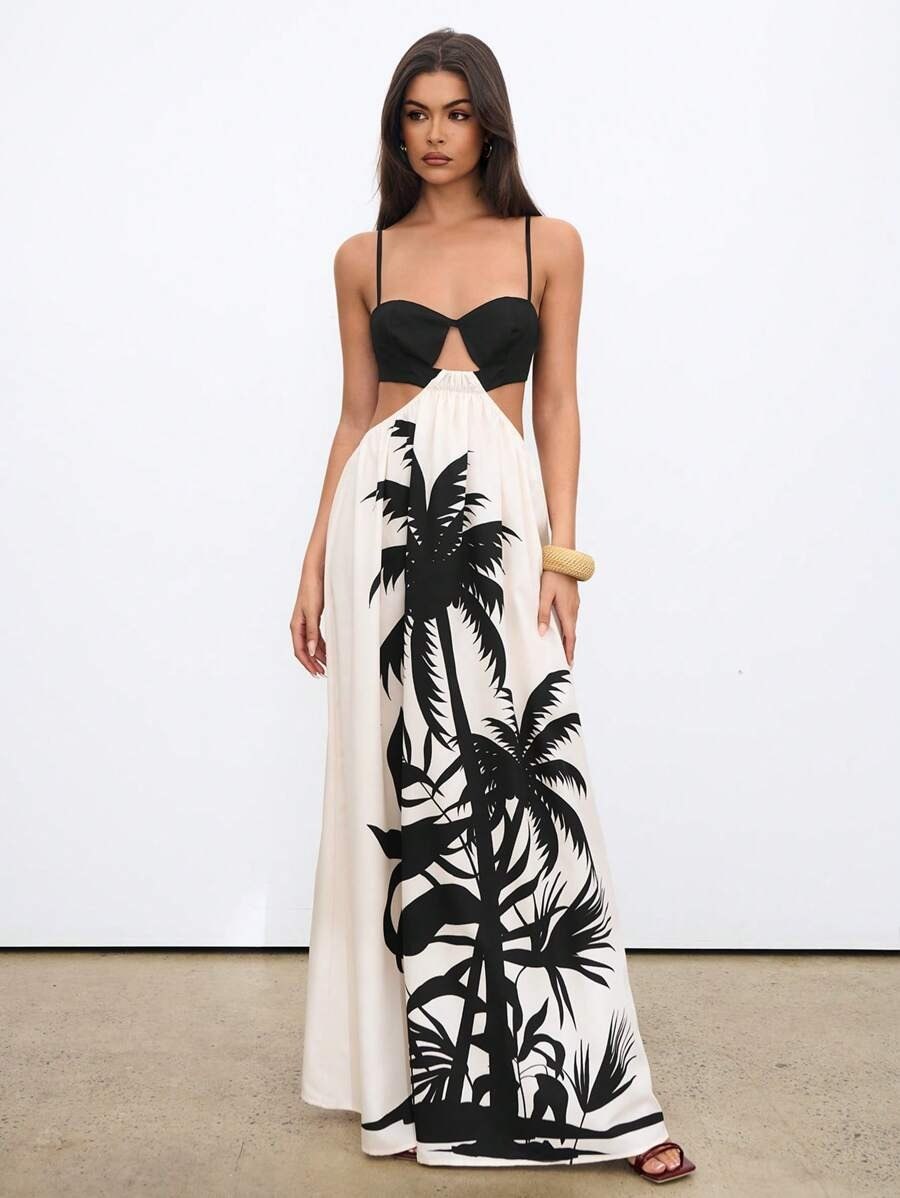 beachwear style black & white halterneck long dress