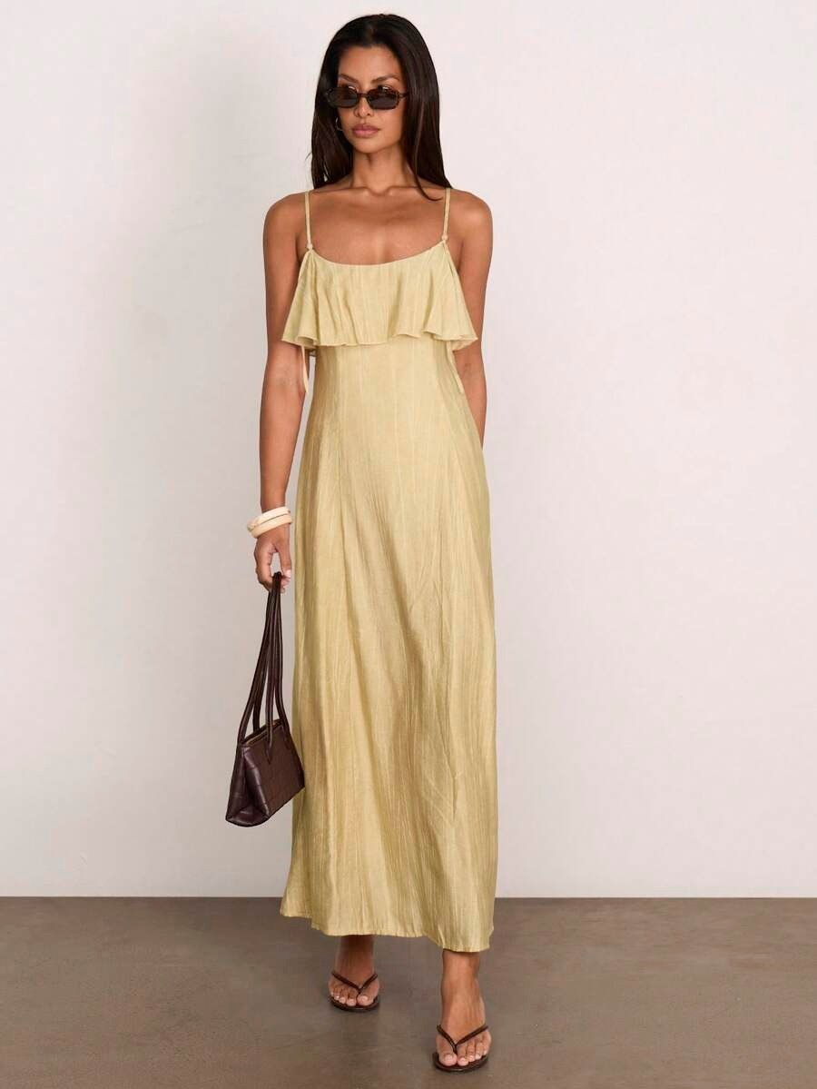 Butter Yellow Ruffle Strap Midi Dress