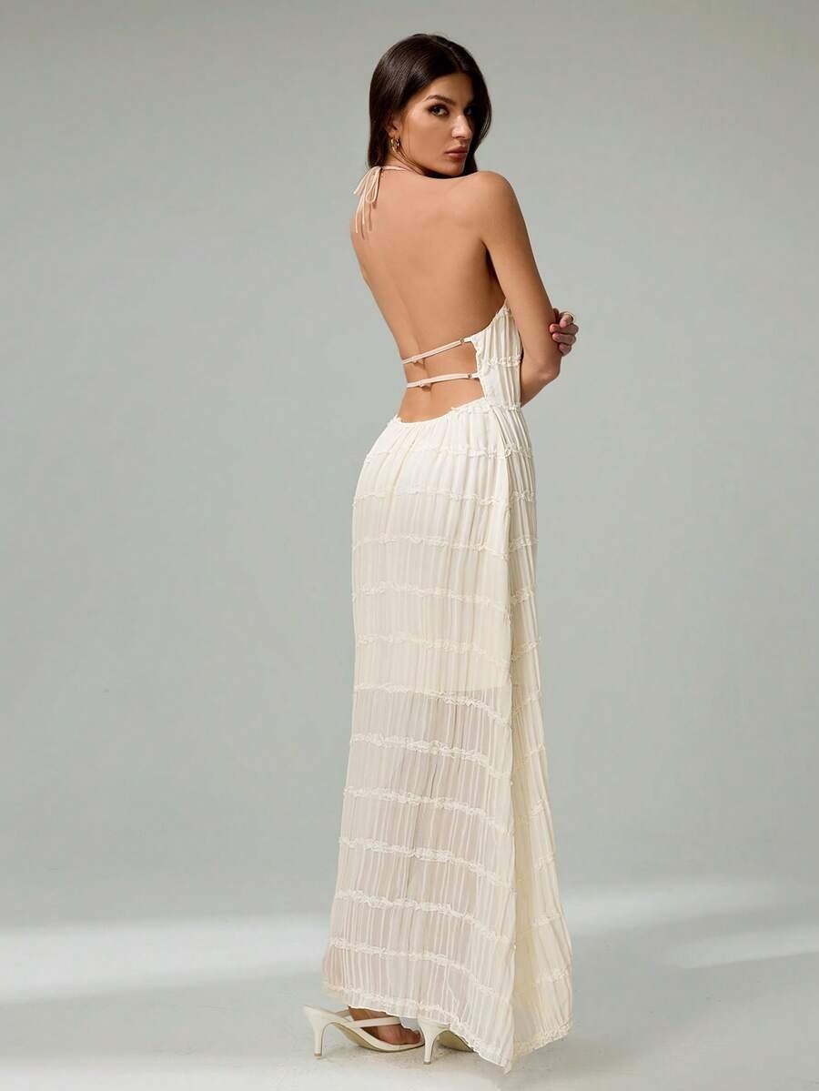 Off White Backless Halter Maxi Dress