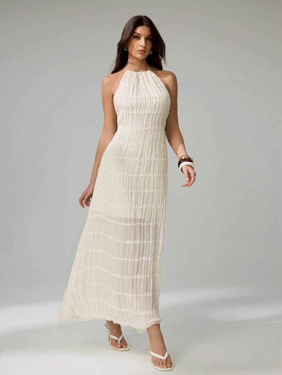 Off White Backless Halter Maxi Dress