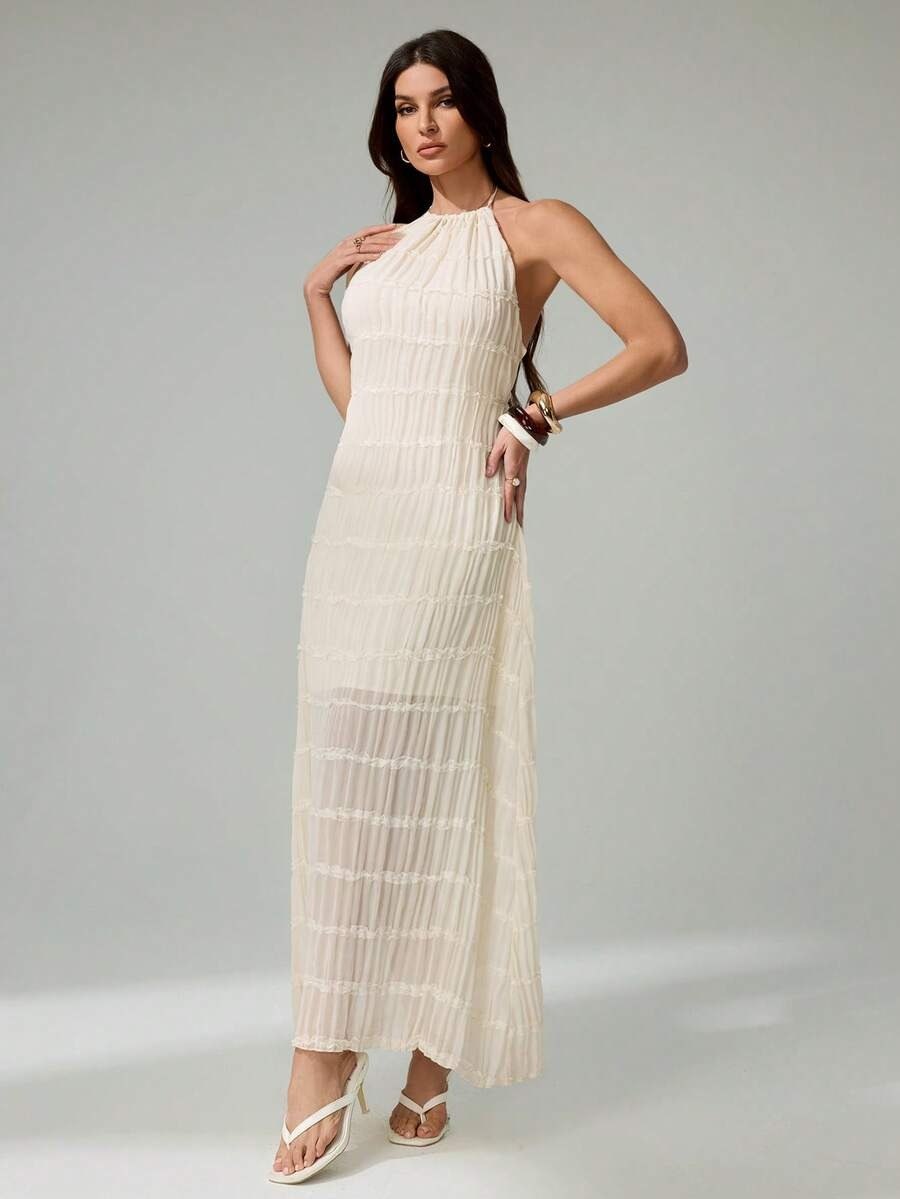 Off White Backless Halter Maxi Dress