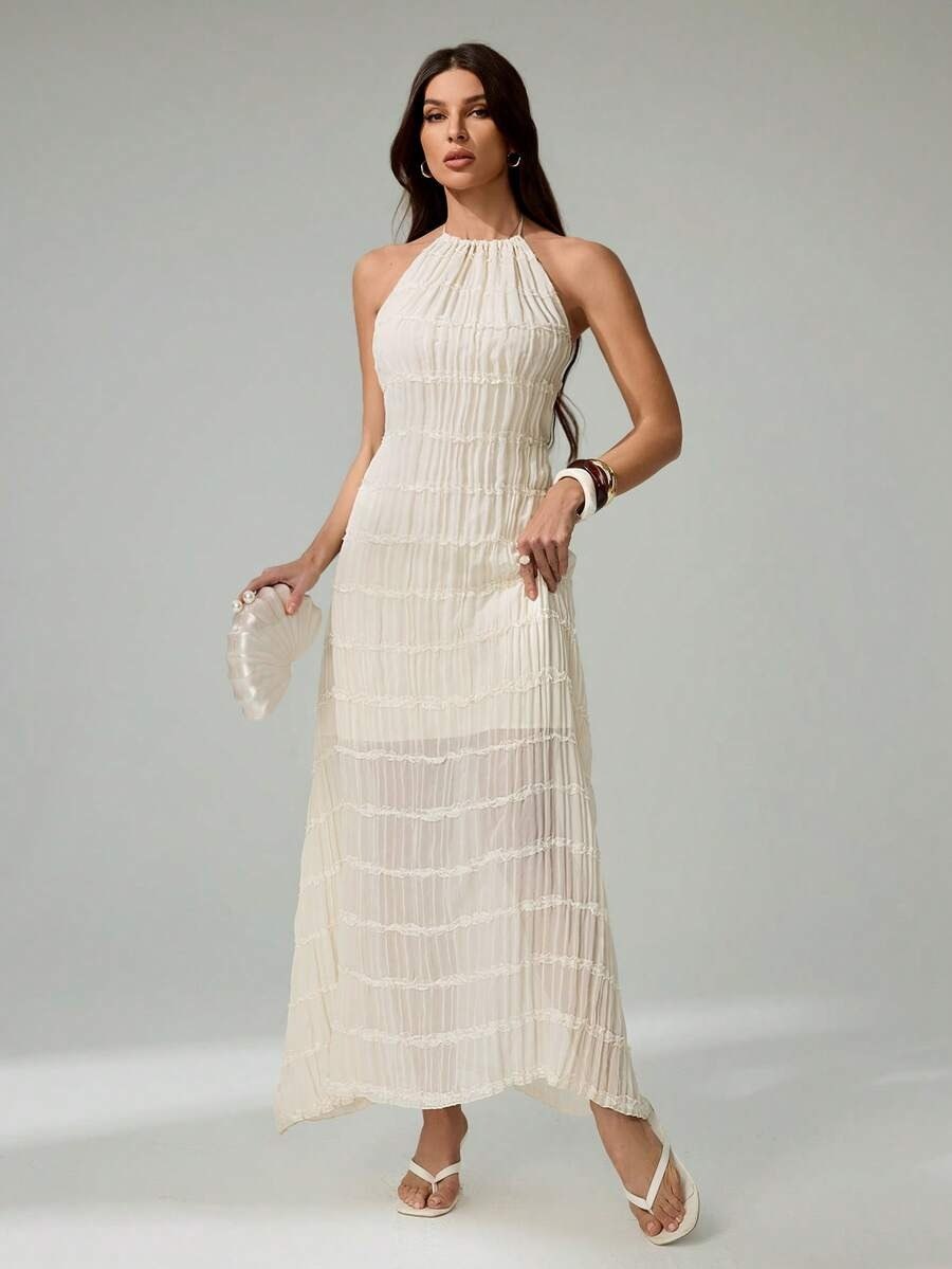 Off White Backless Halter Maxi Dress