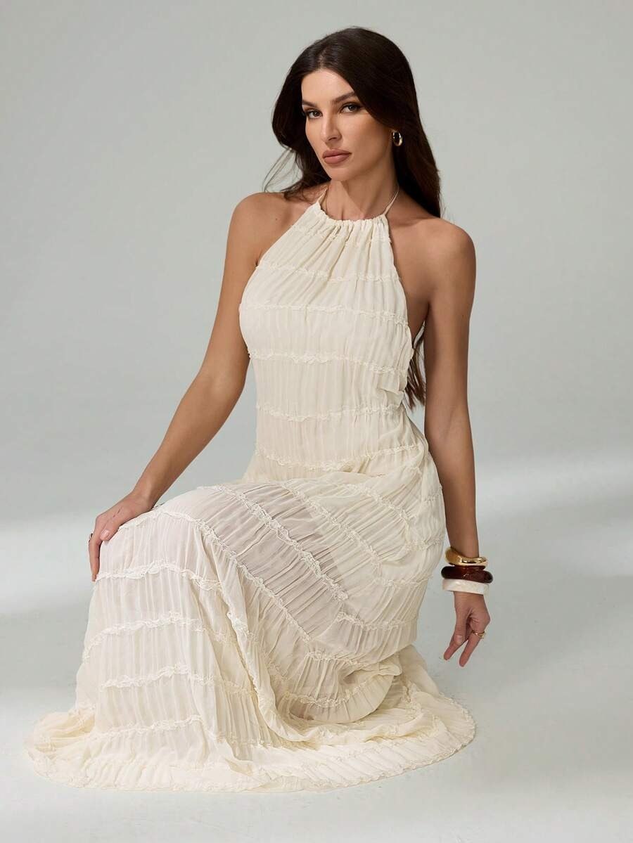 Off White Backless Halter Maxi Dress