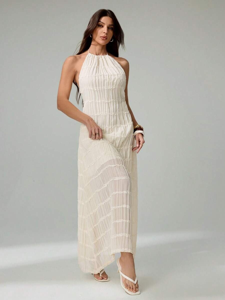 Off White Backless Halter Maxi Dress