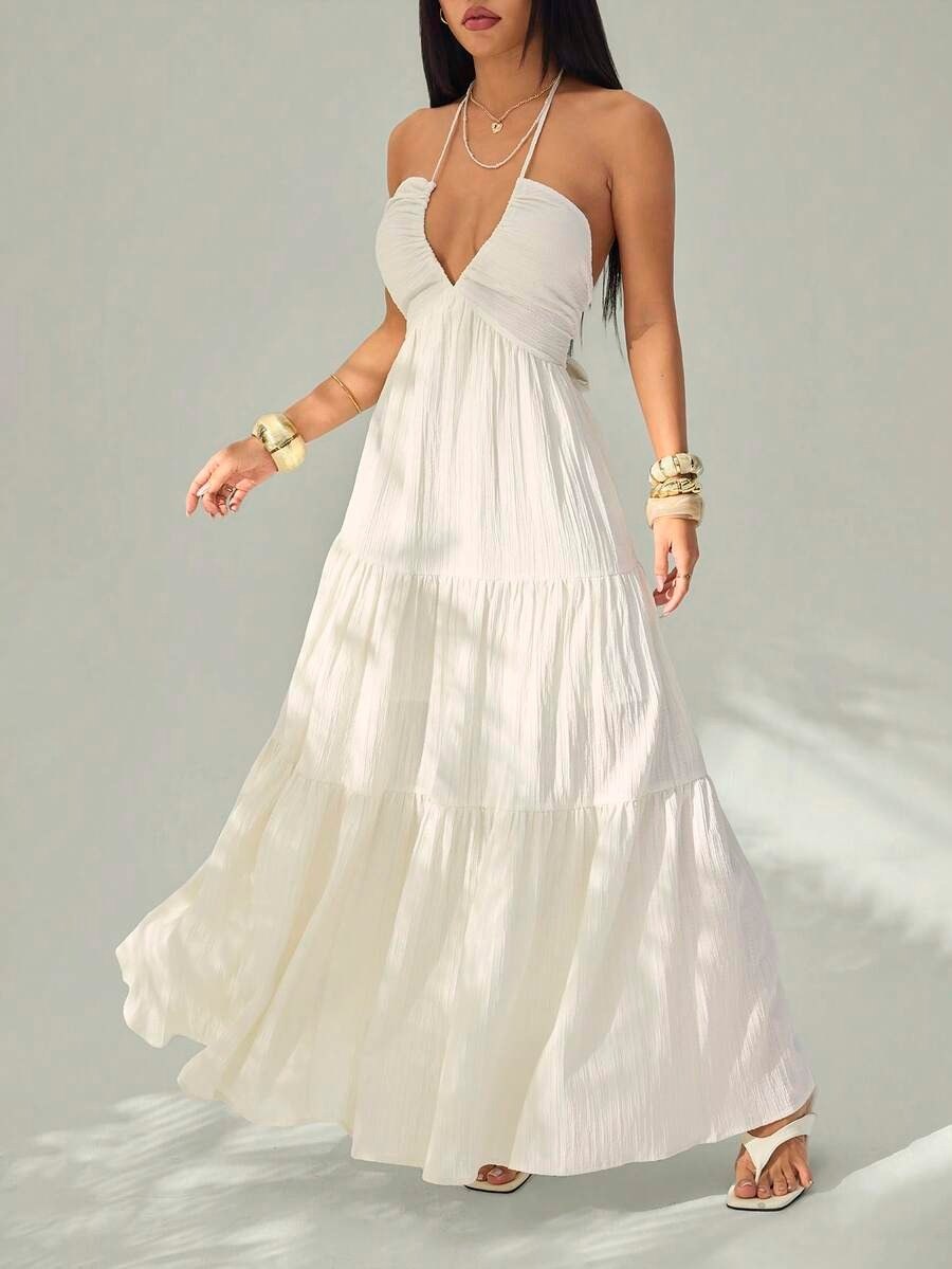 White Sleeveless Halter Neck Flowy Maxi Dress