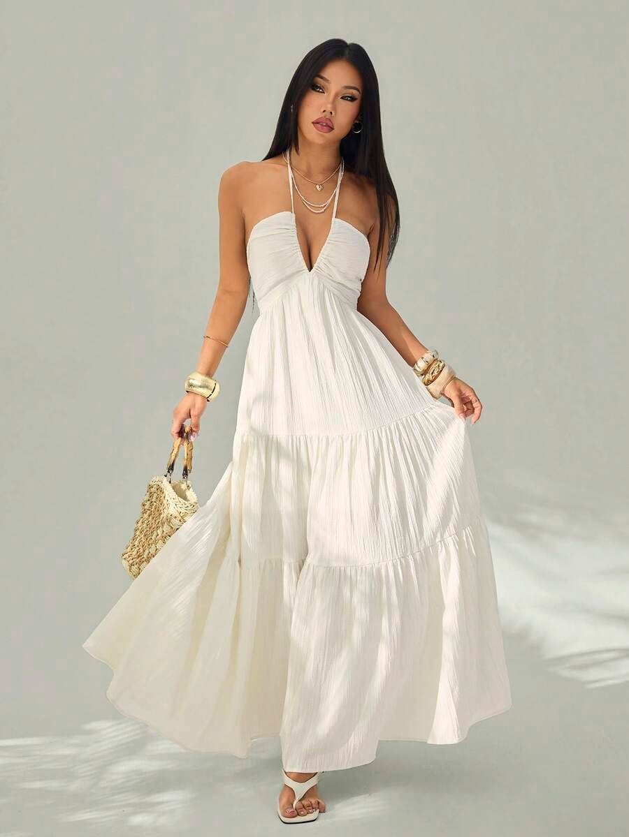 White Sleeveless Halter Neck Flowy Maxi Dress