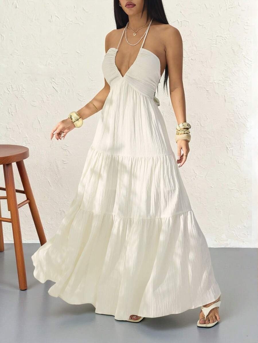 White Sleeveless Halter Neck Flowy Maxi Dress