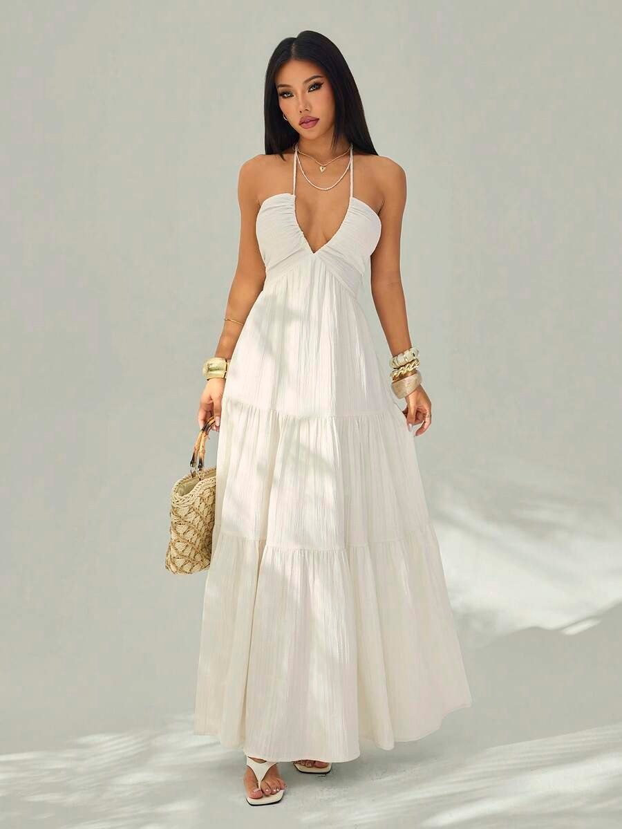 White Sleeveless Halter Neck Flowy Maxi Dress