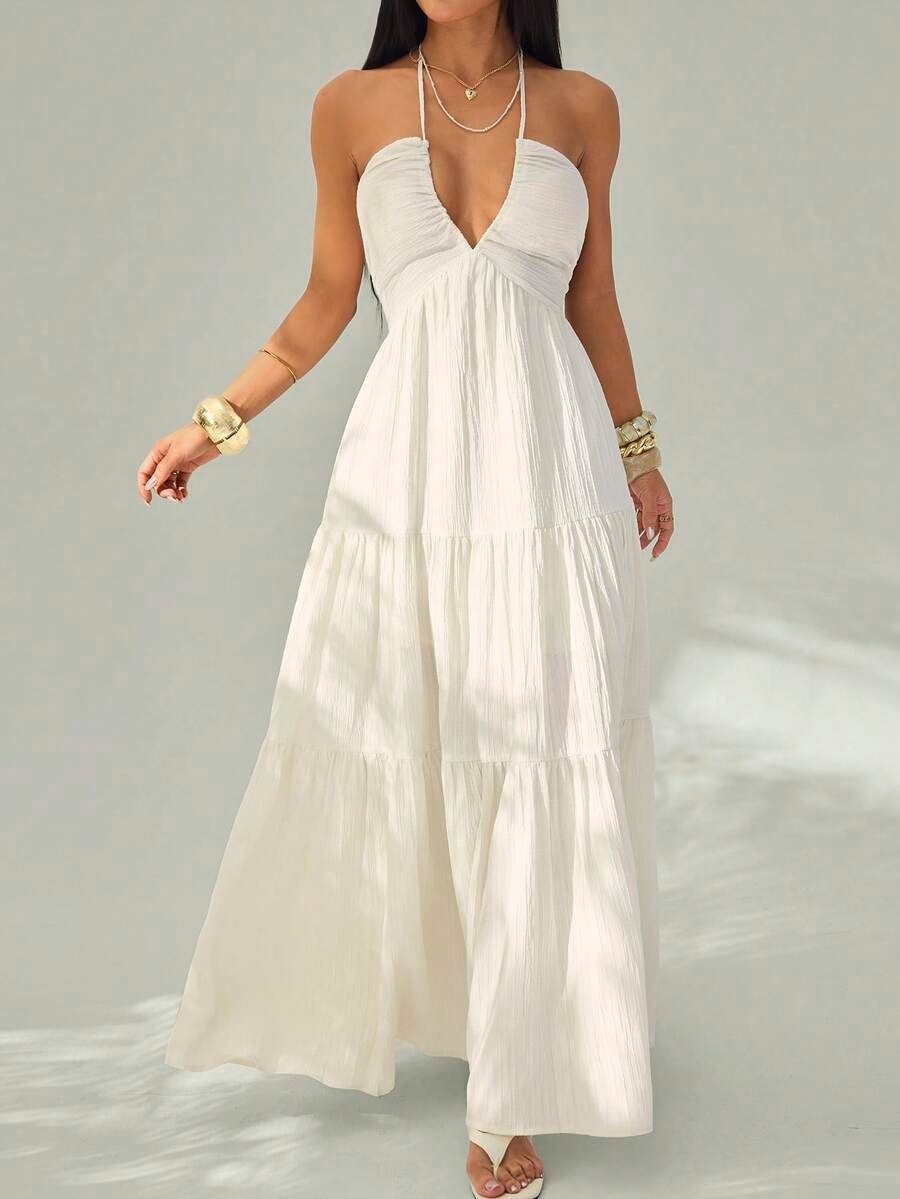 White Sleeveless Halter Neck Flowy Maxi Dress