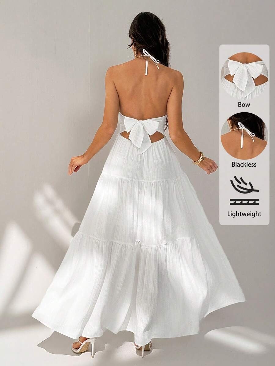 White Tie-Back Elegant strepless Maxi Dress