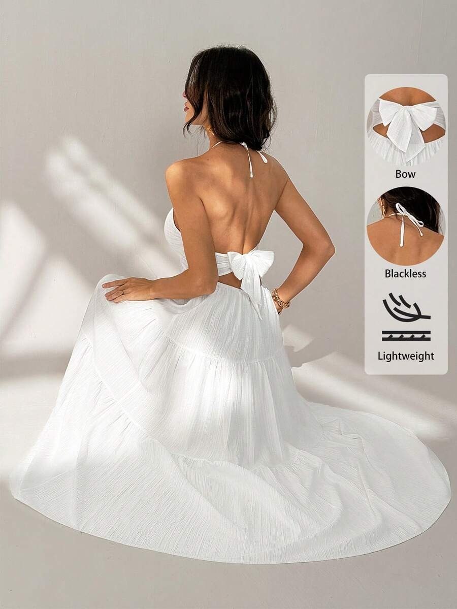 White Tie-Back Elegant strepless Maxi Dress