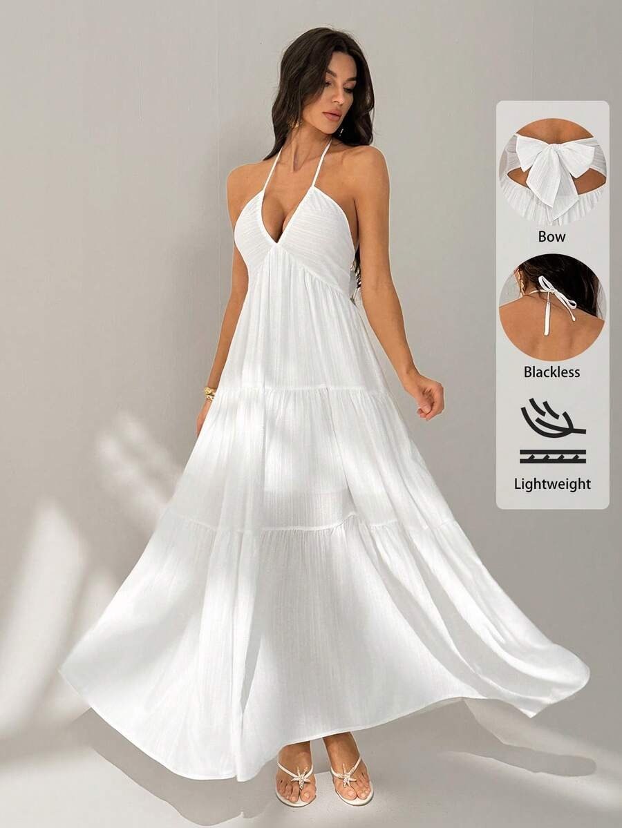 White Tie-Back Elegant strepless Maxi Dress