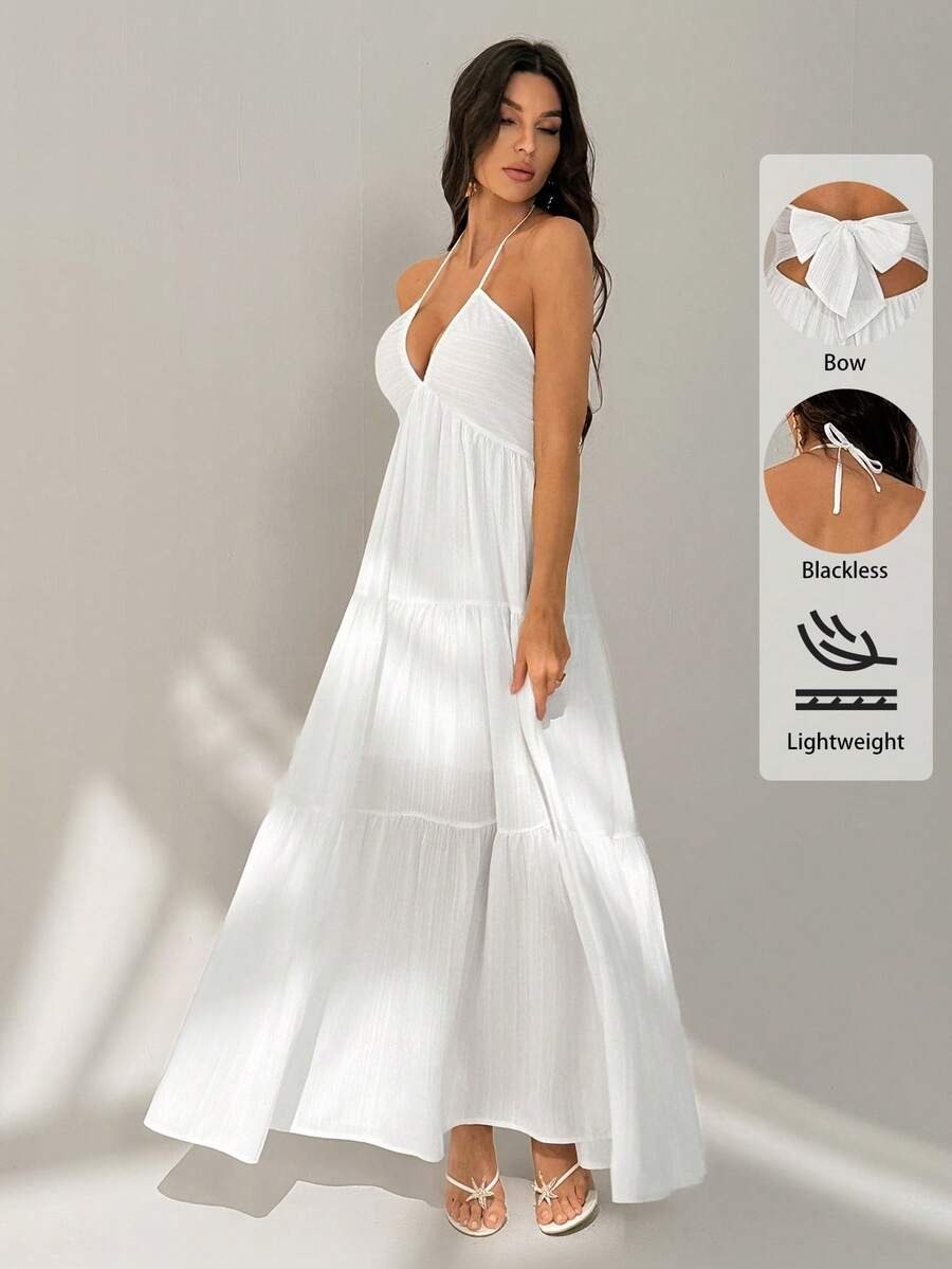 White Tie-Back Elegant strepless Maxi Dress