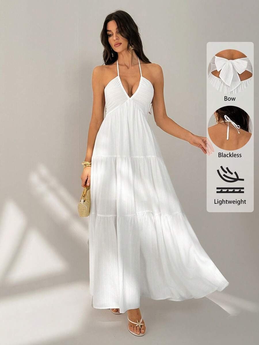 White Tie-Back Elegant strepless Maxi Dress