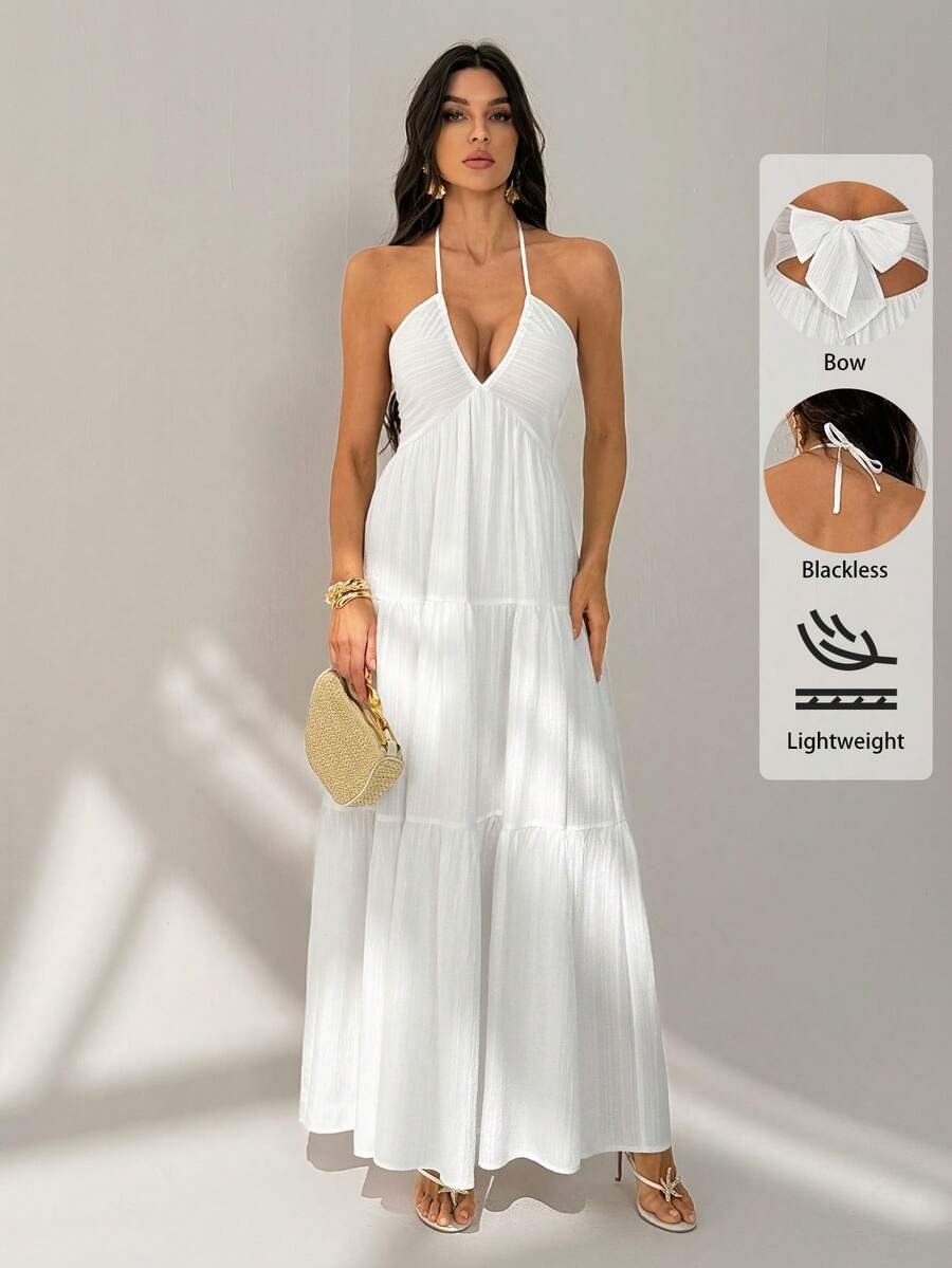 White Tie-Back Elegant strepless Maxi Dress