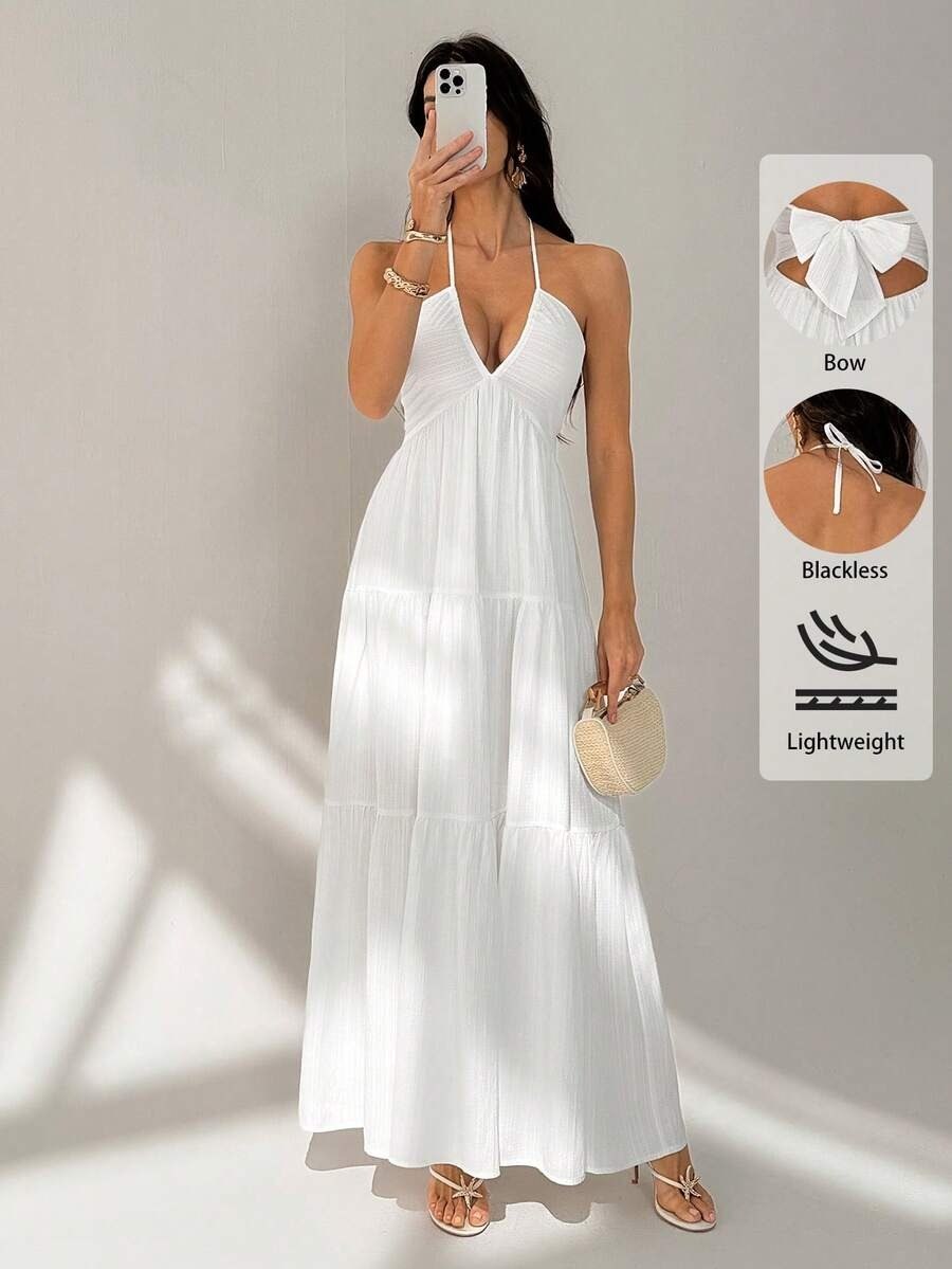 White Tie-Back Elegant strepless Maxi Dress