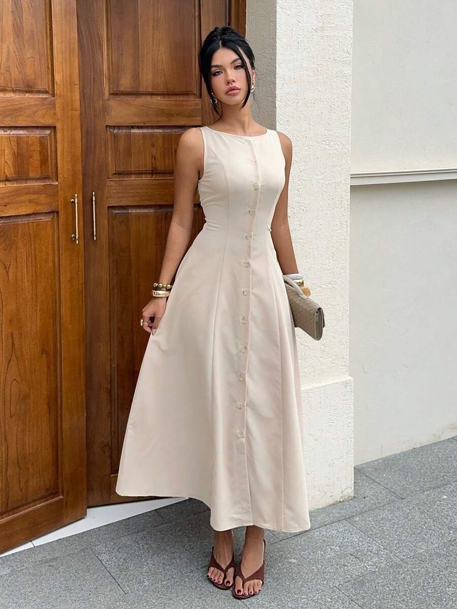 Off-White Button Front A-Line sleeveless Dress