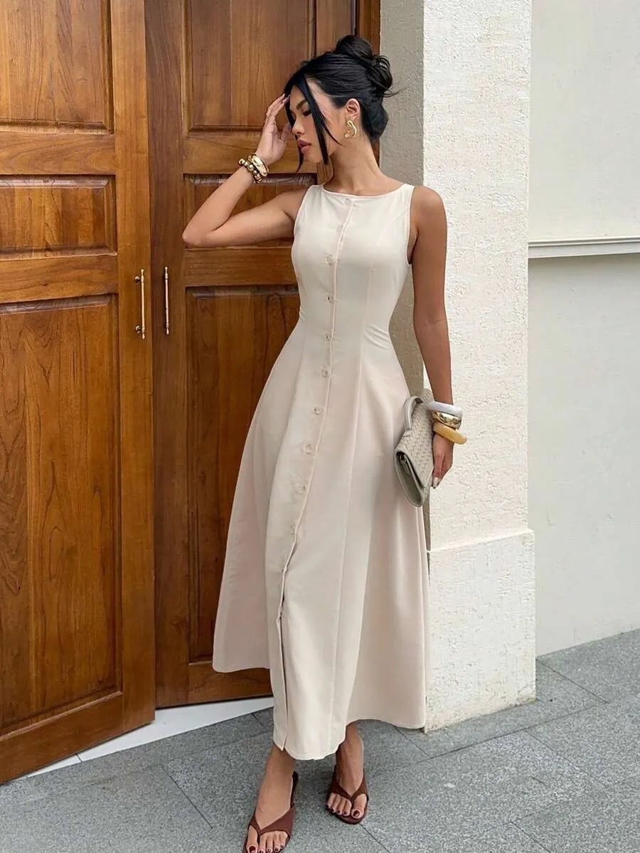 Off-White Button Front A-Line sleeveless Dress