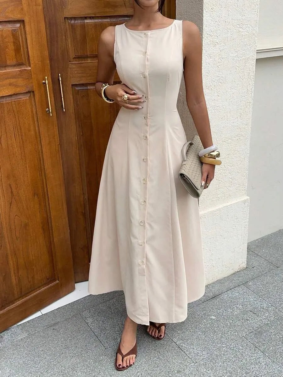 Off-White Button Front A-Line sleeveless Dress