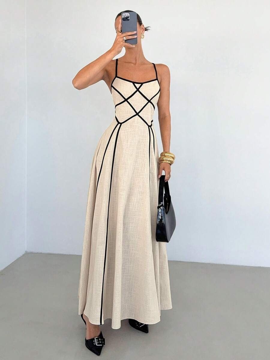 Chic Beige Spaghetti Strap Geometric Long Dress