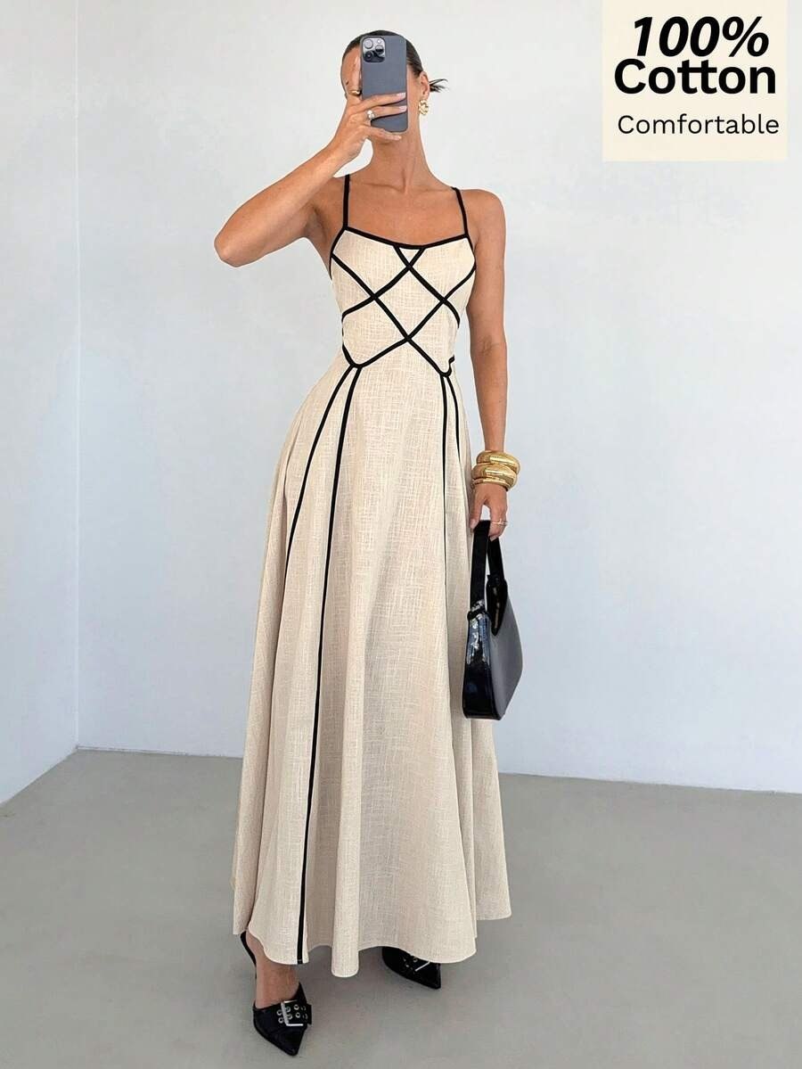 Chic Beige Spaghetti Strap Geometric Long Dress