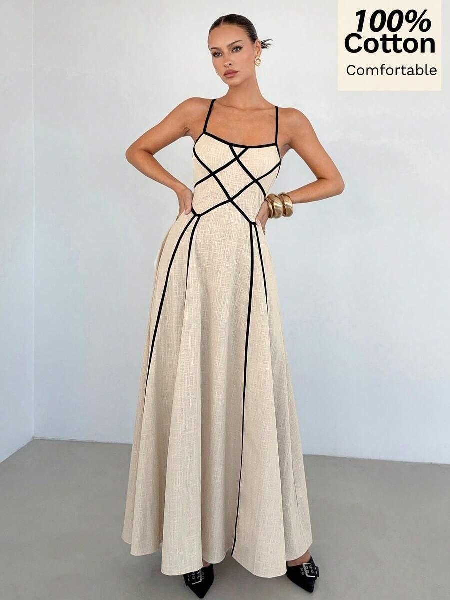 Chic Beige Spaghetti Strap Geometric Long Dress