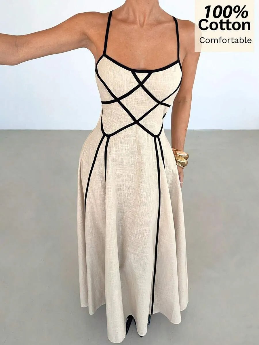 Chic Beige Spaghetti Strap Geometric Long Dress