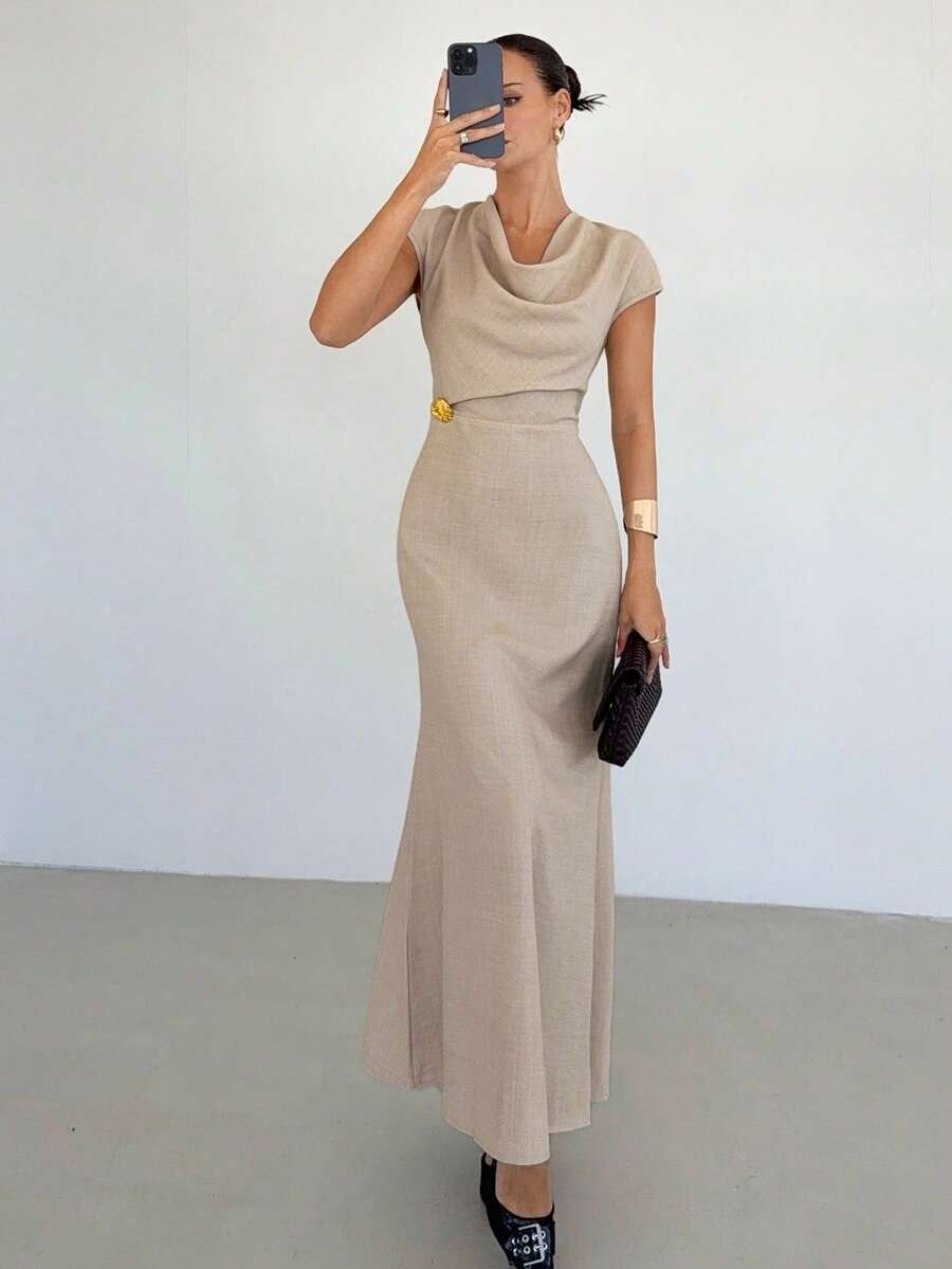 Beige Draped Neck Bodycon Flare Maxi Dress