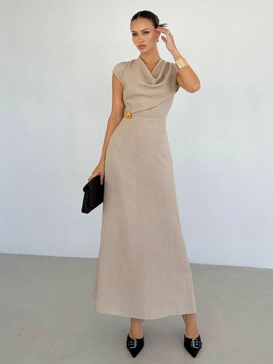 Beige Draped Neck Bodycon Flare Maxi Dress
