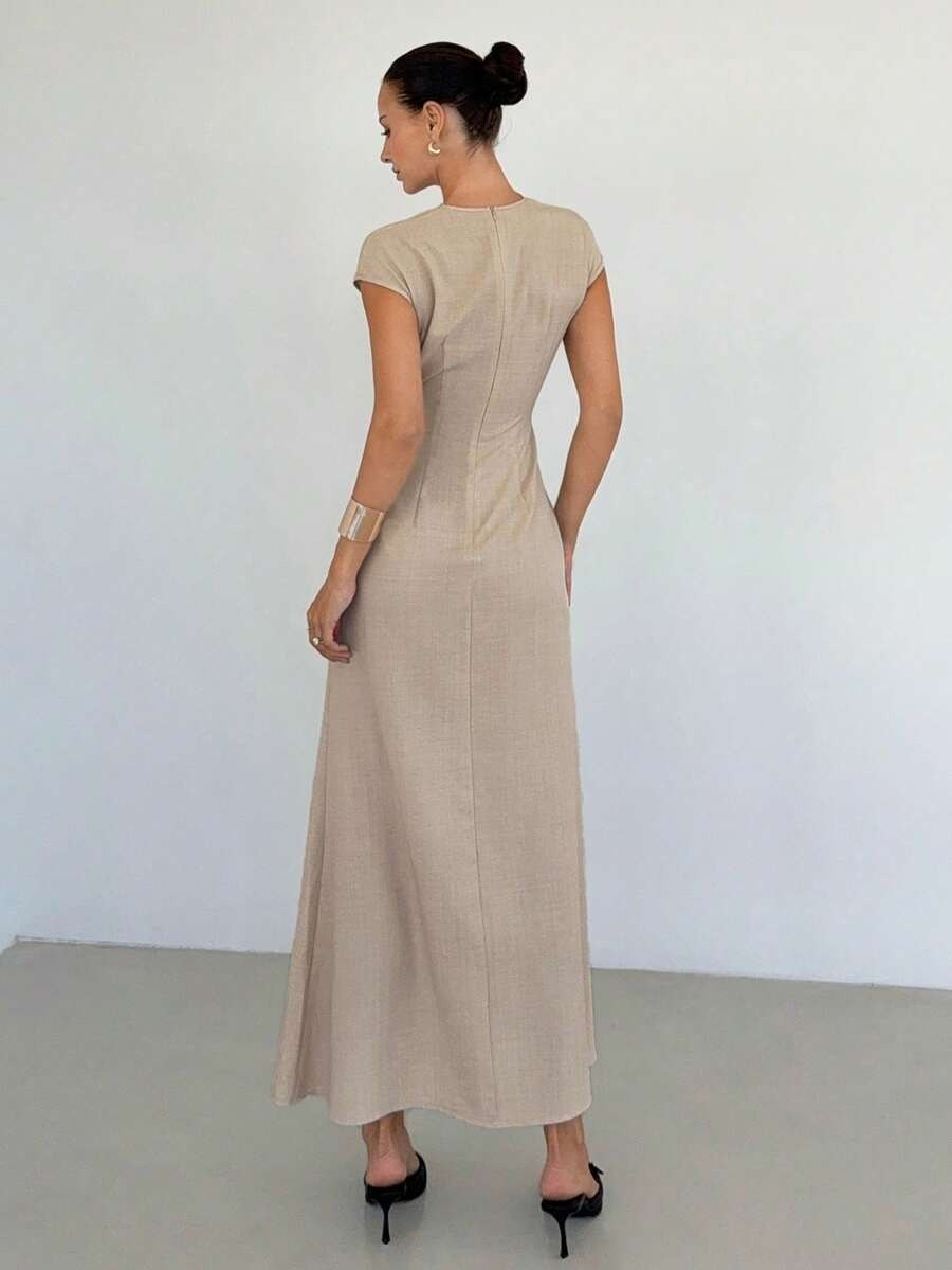 Beige Draped Neck Bodycon Flare Maxi Dress