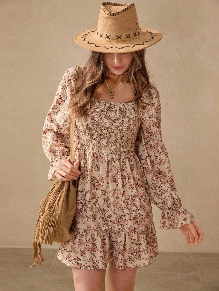 Beige Puff Sleeve Floral Smocked Mini Dress