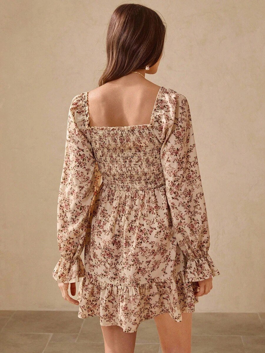 Beige Puff Sleeve Floral Smocked Mini Dress