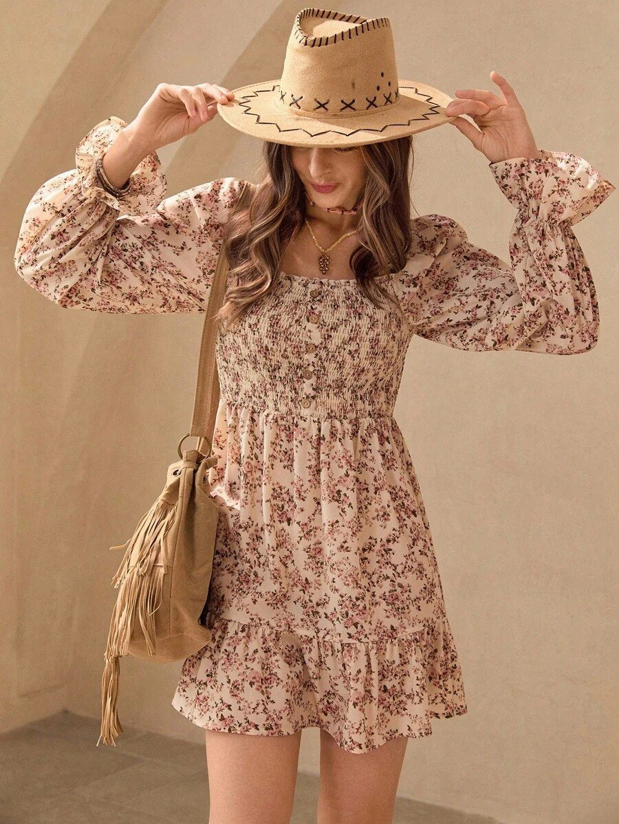 Beige Puff Sleeve Floral Smocked Mini Dress