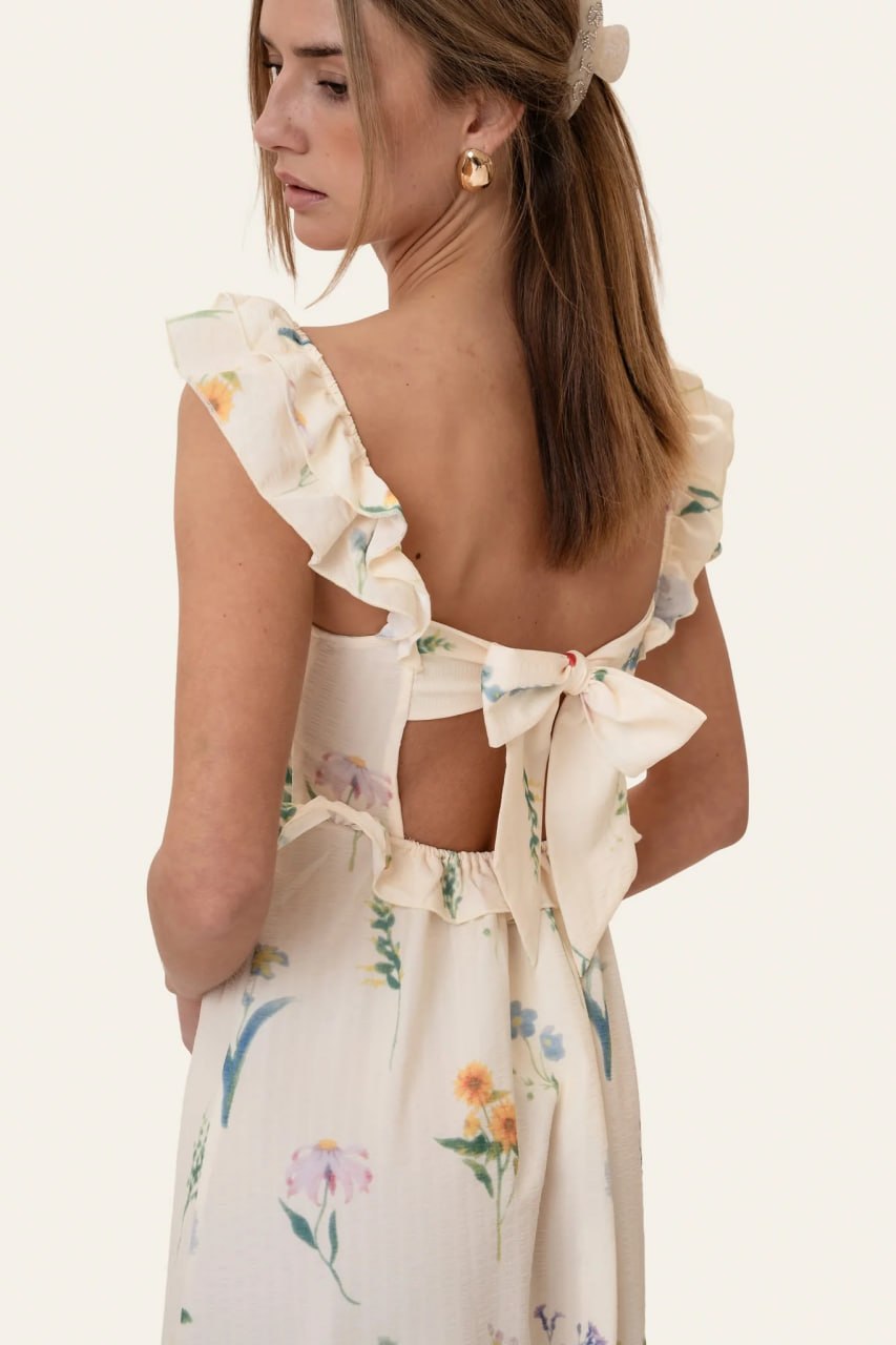 White Floral Back Tie ruffle sleeve Maxi Dress