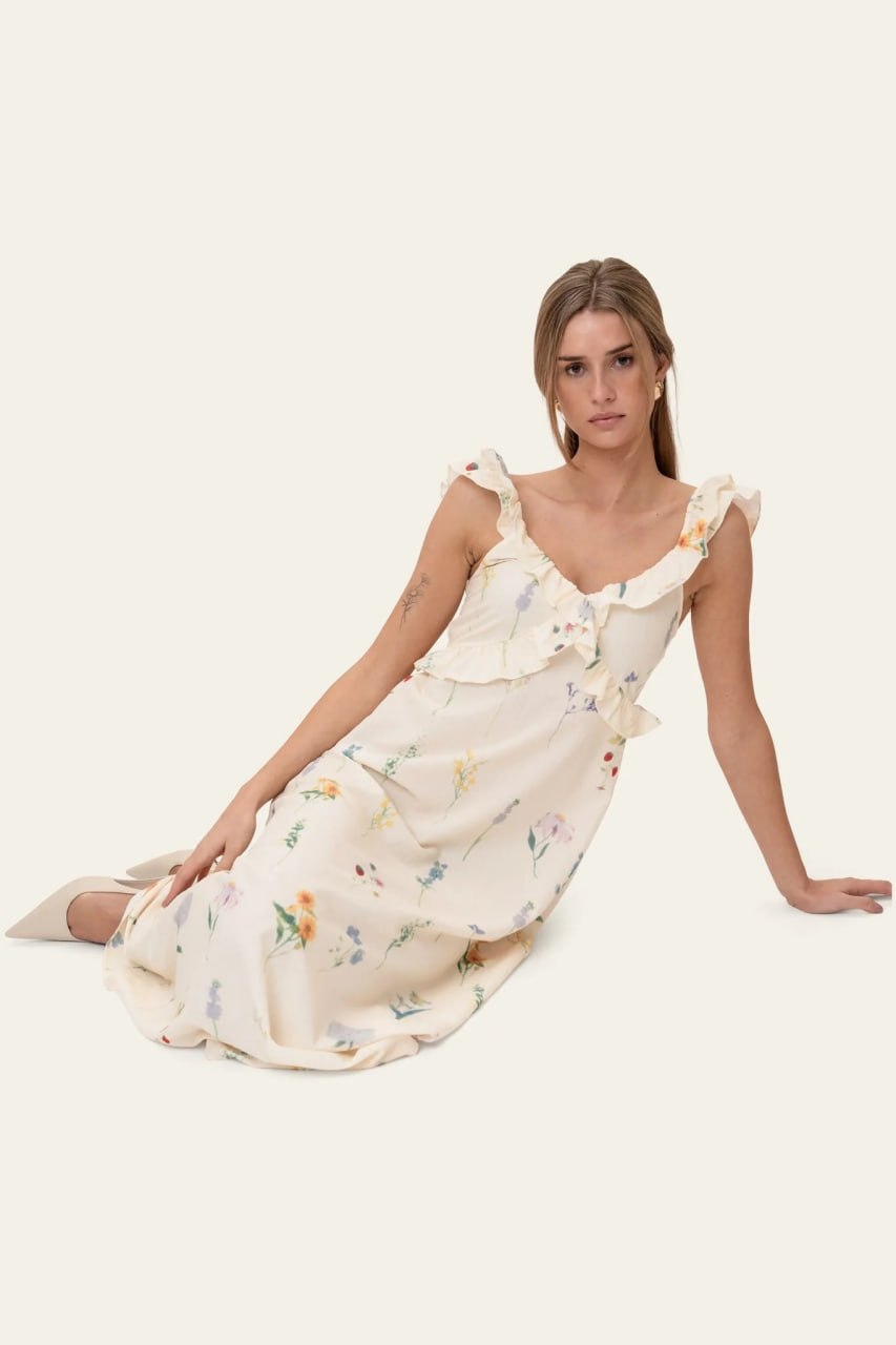 White Floral Back Tie ruffle sleeve Maxi Dress