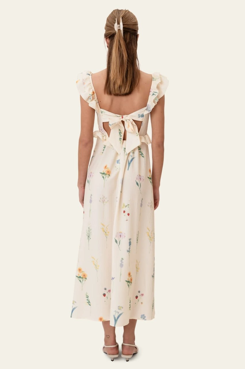White Floral Back Tie ruffle sleeve Maxi Dress