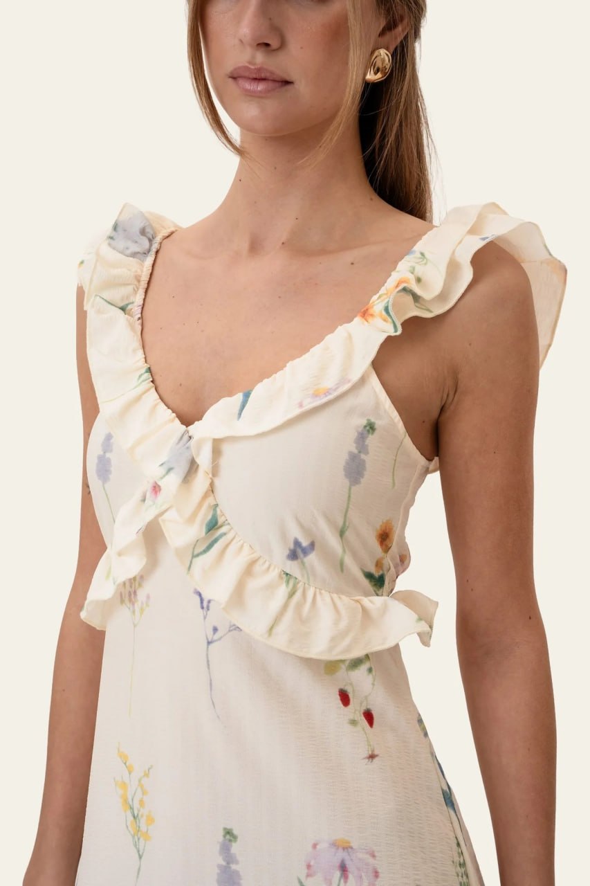 White Floral Back Tie ruffle sleeve Maxi Dress