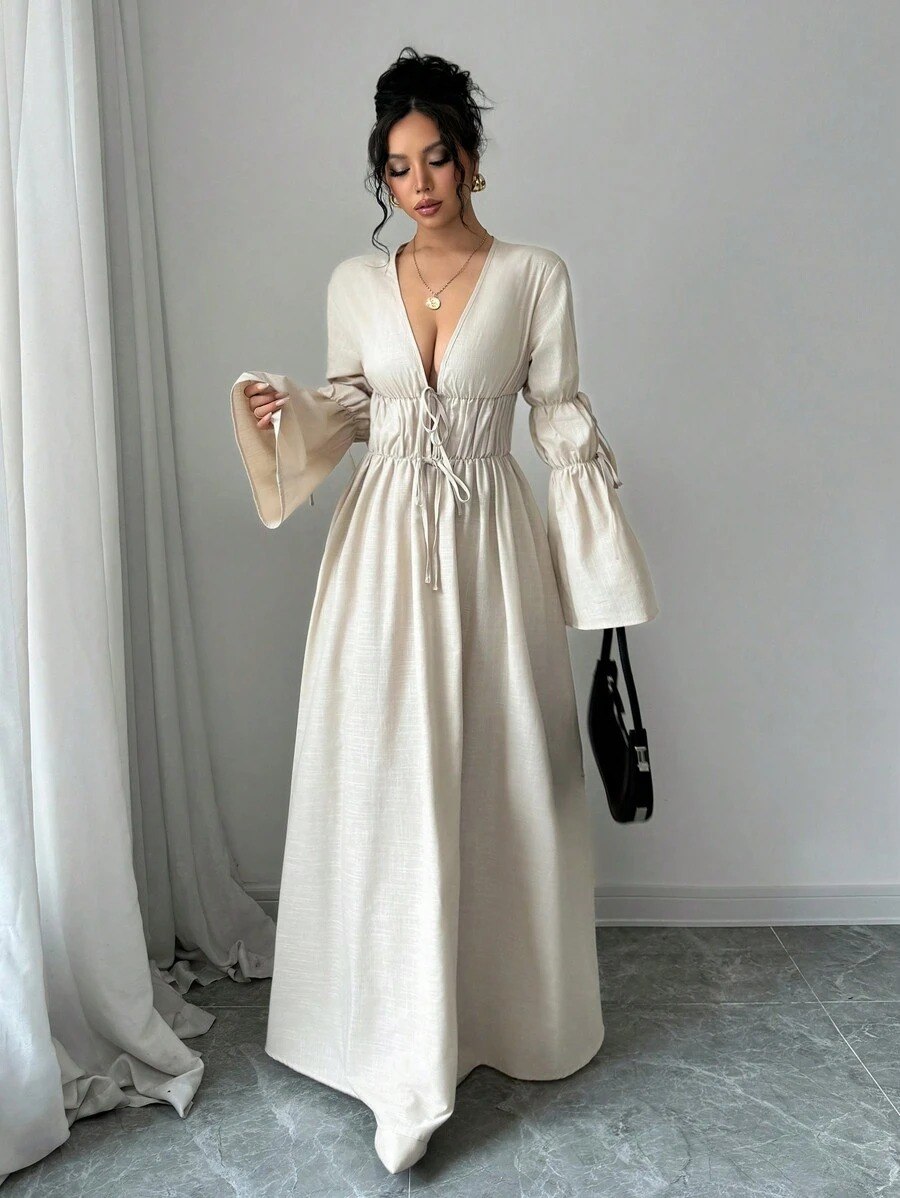 Beige Deep V-Neck Tie Front Maxi Dress