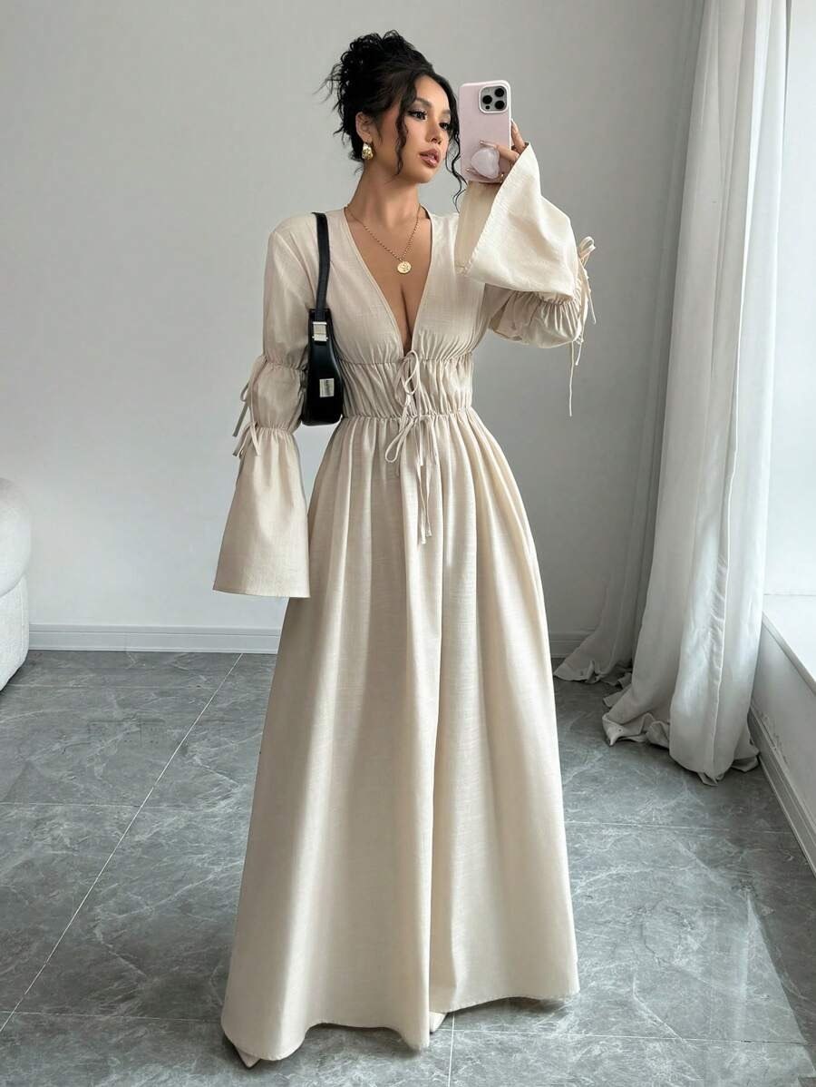 Beige Deep V-Neck Tie Front Maxi Dress