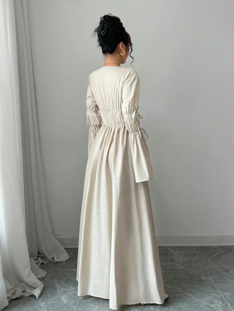 Beige Deep V-Neck Tie Front Maxi Dress