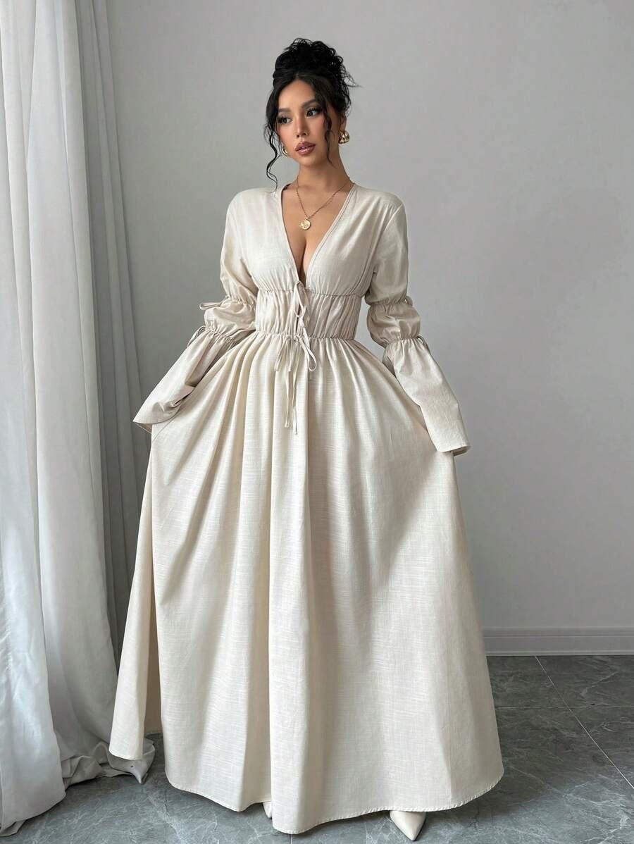 Beige Deep V-Neck Tie Front Maxi Dress