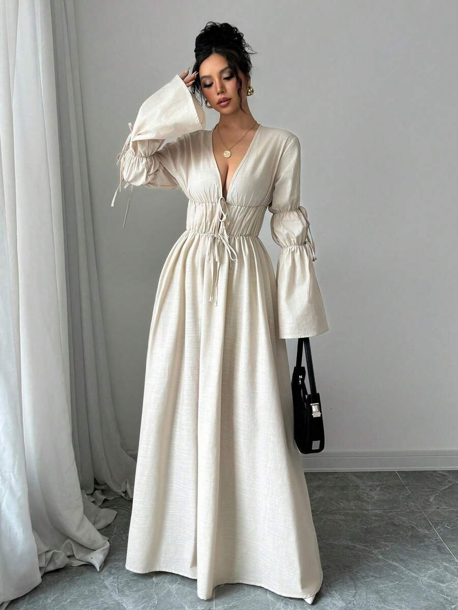 Beige Deep V-Neck Tie Front Maxi Dress