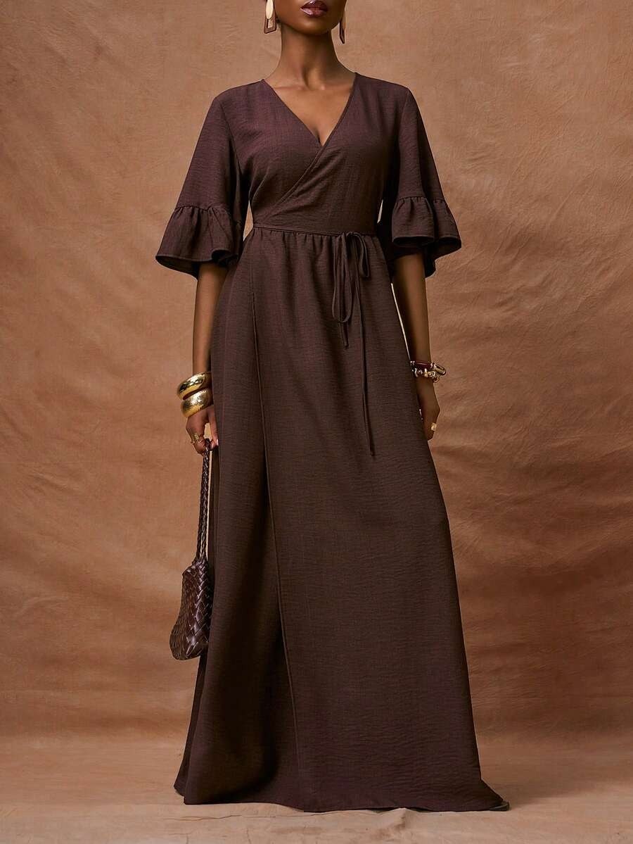 Brown Ruffle Sleeve Wrap long Dress