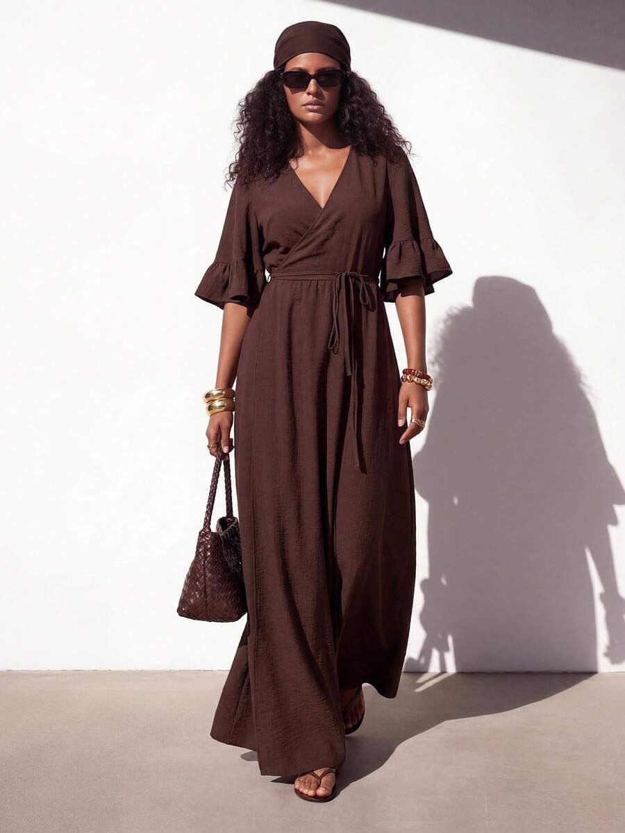 Brown Ruffle Sleeve Wrap long Dress