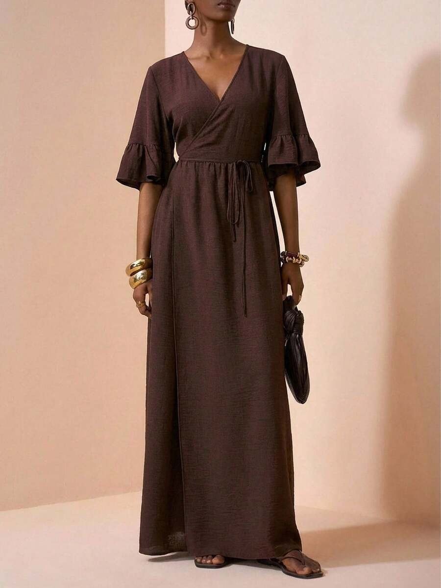 Brown Ruffle Sleeve Wrap long Dress