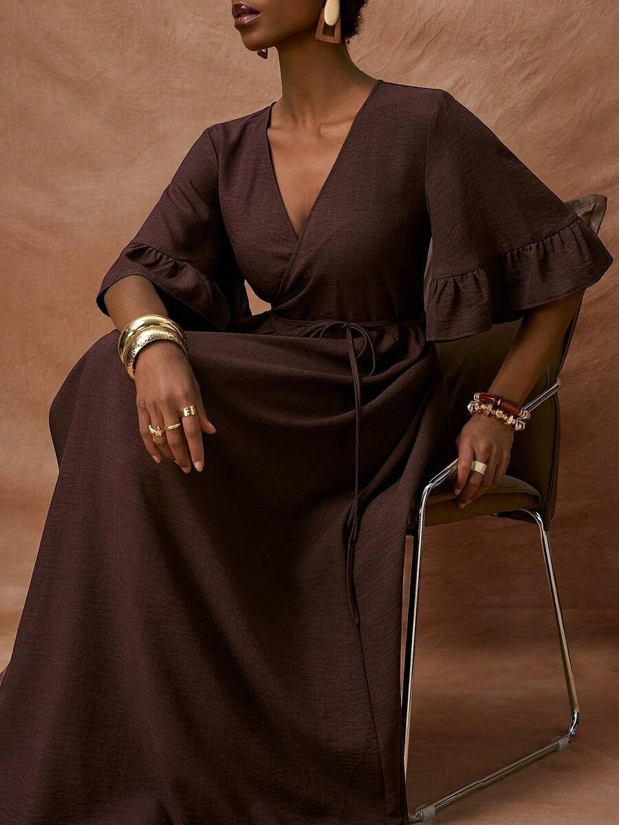Brown Ruffle Sleeve Wrap long Dress