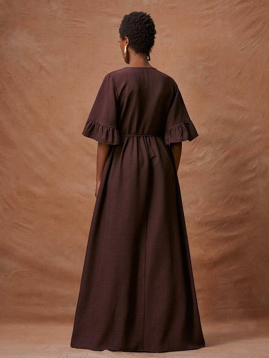 Brown Ruffle Sleeve Wrap long Dress