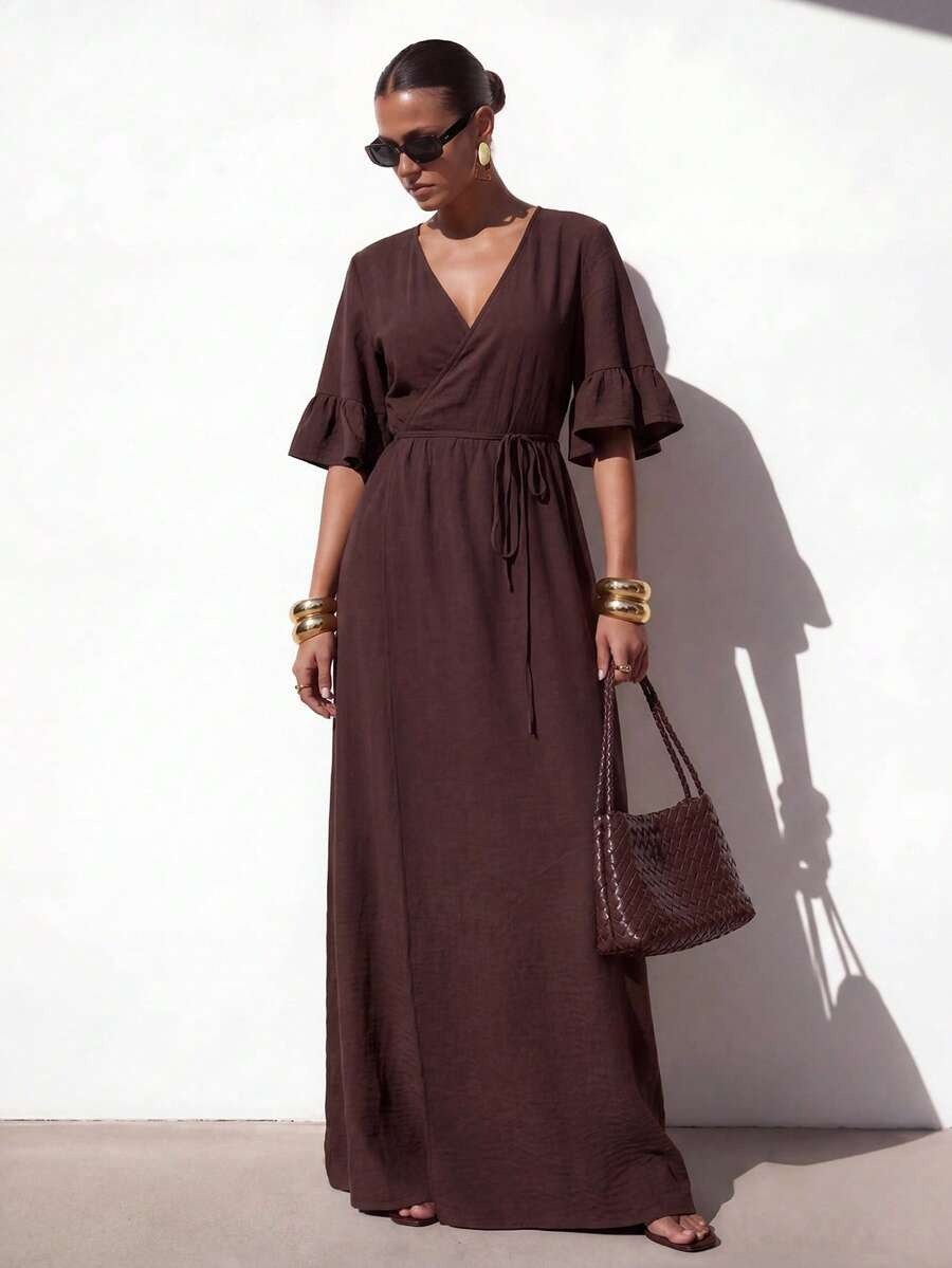 Brown Ruffle Sleeve Wrap long Dress