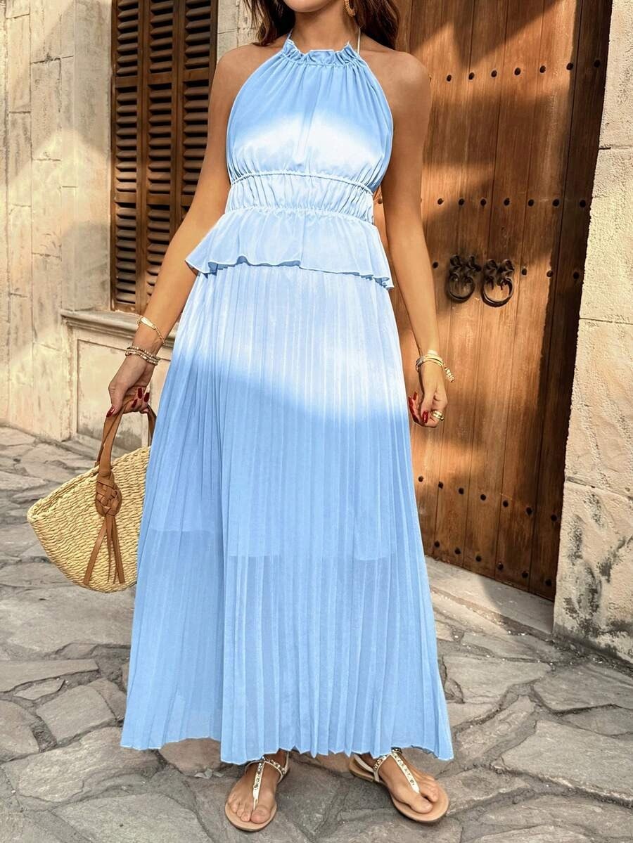 Sky Blue Pleated Halter Maxi Dress