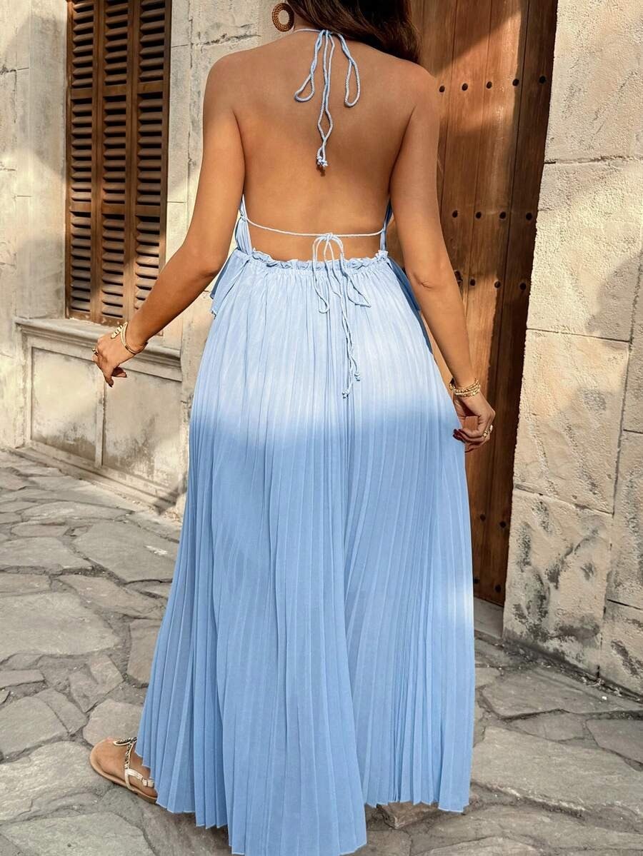 Sky Blue Pleated Halter Maxi Dress